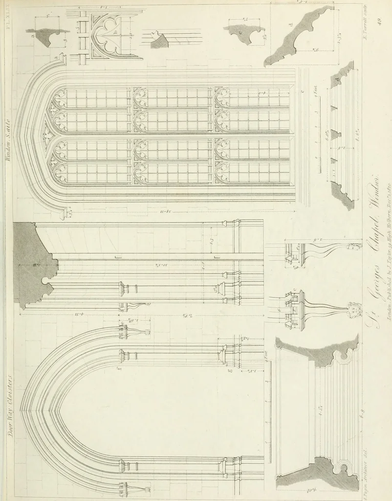 An illustration from Specimens of Gothic architecture; selected from various antient[!] edifices in England: consisting of plans, elevations, sections, and parts at large ... accompanied by historical and descriptive accounts, 1823, leaf 168