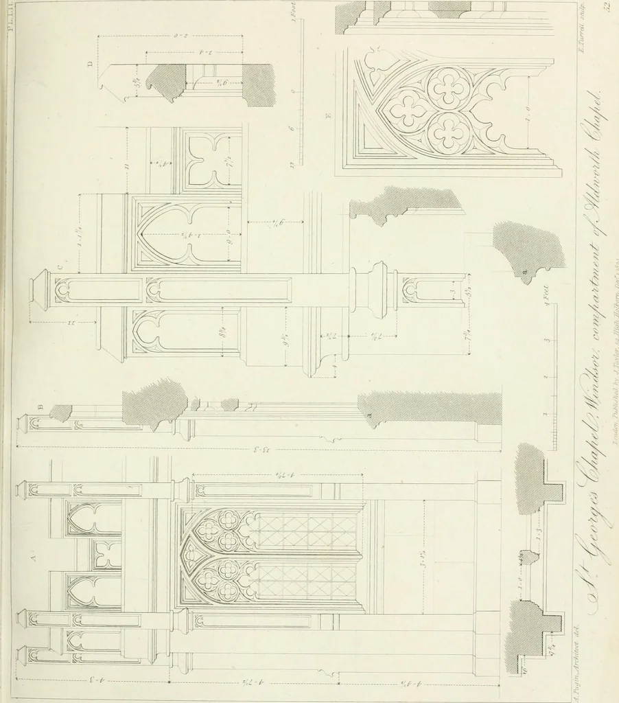 An illustration from Specimens of Gothic architecture; selected from various antient[!] edifices in England: consisting of plans, elevations, sections, and parts at large ... accompanied by historical and descriptive accounts, 1823, leaf 174