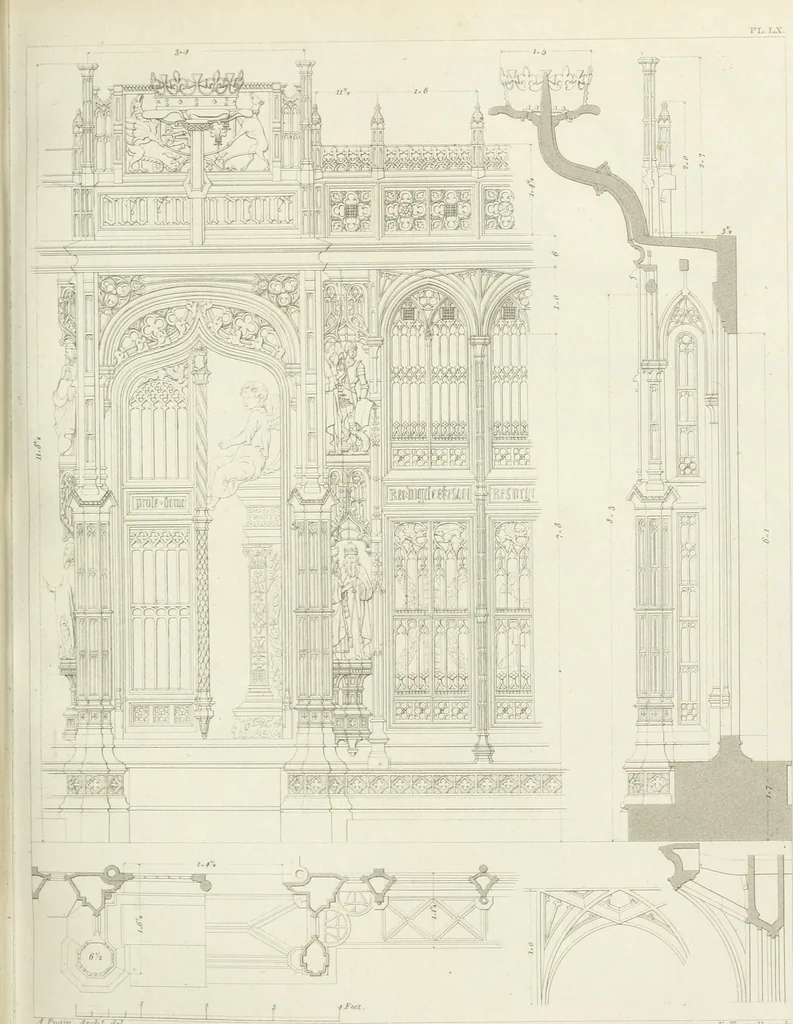 An illustration from Specimens of Gothic architecture; selected from various antient[!] edifices in England: consisting of plans, elevations, sections, and parts at large ... accompanied by historical and descriptive accounts, 1823, leaf 178