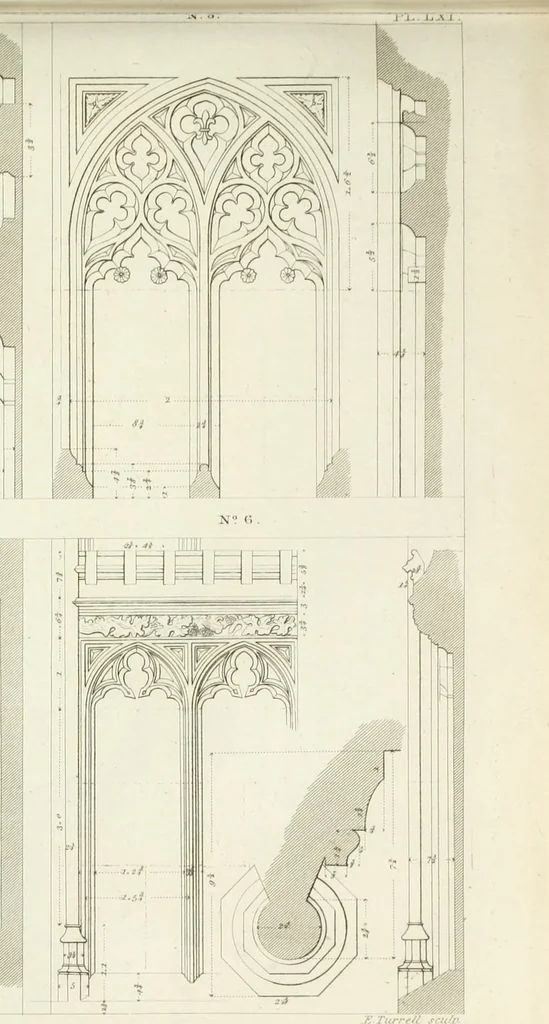 An illustration from Specimens of Gothic architecture; selected from various antient[!] edifices in England: consisting of plans, elevations, sections, and parts at large ... accompanied by historical and descriptive accounts, 1823, leaf 180