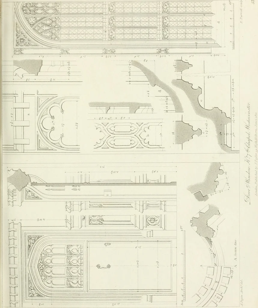 An illustration from Specimens of Gothic architecture; selected from various antient[!] edifices in England: consisting of plans, elevations, sections, and parts at large ... accompanied by historical and descriptive accounts, 1823, leaf 182