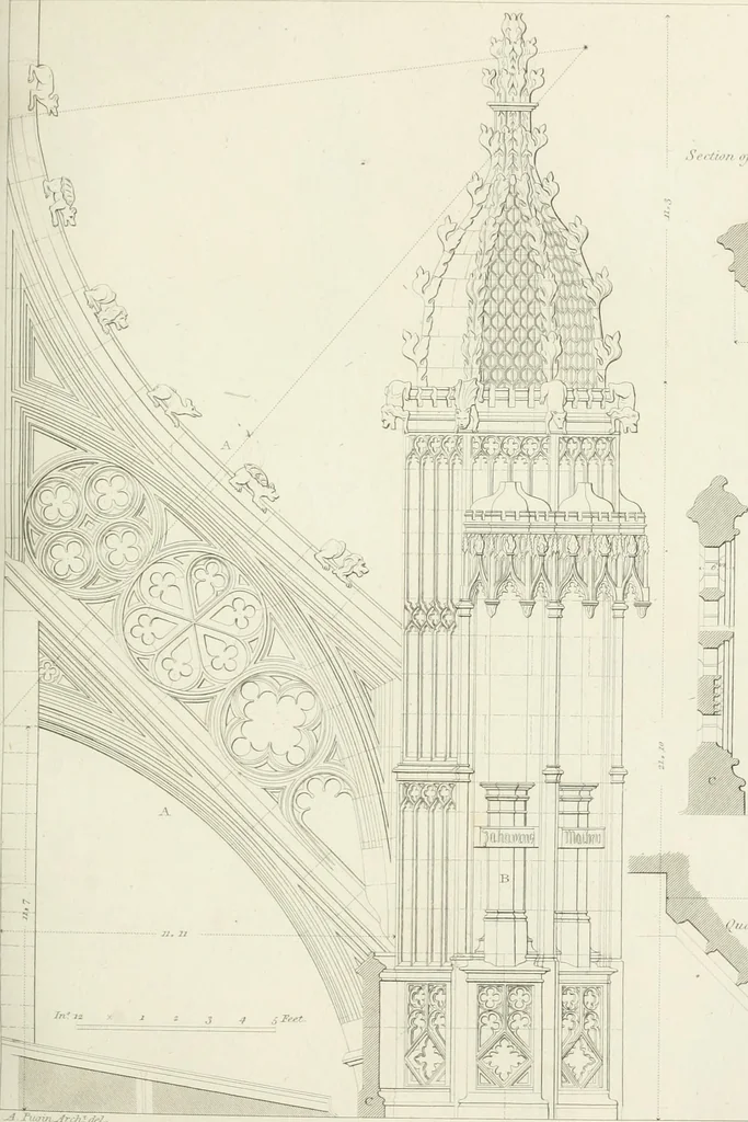 An illustration from Specimens of Gothic architecture; selected from various antient[!] edifices in England: consisting of plans, elevations, sections, and parts at large ... accompanied by historical and descriptive accounts, 1823, leaf 184