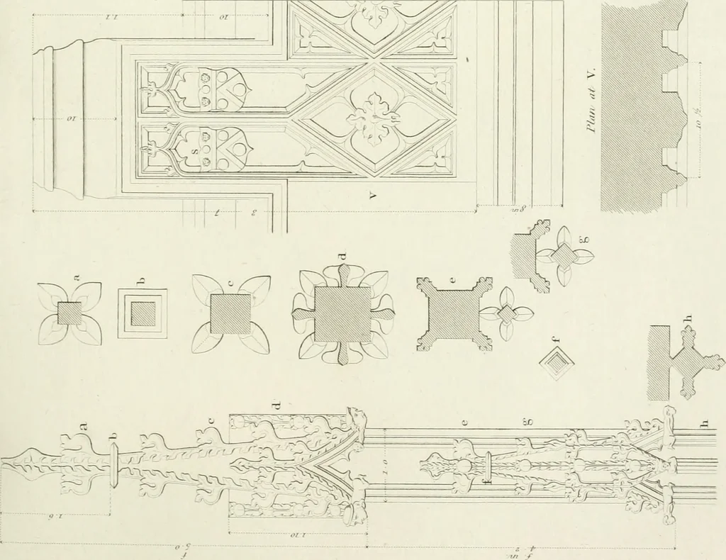 An illustration from Specimens of Gothic architecture; selected from various antient[!] edifices in England: consisting of plans, elevations, sections, and parts at large ... accompanied by historical and descriptive accounts, 1823, leaf 188
