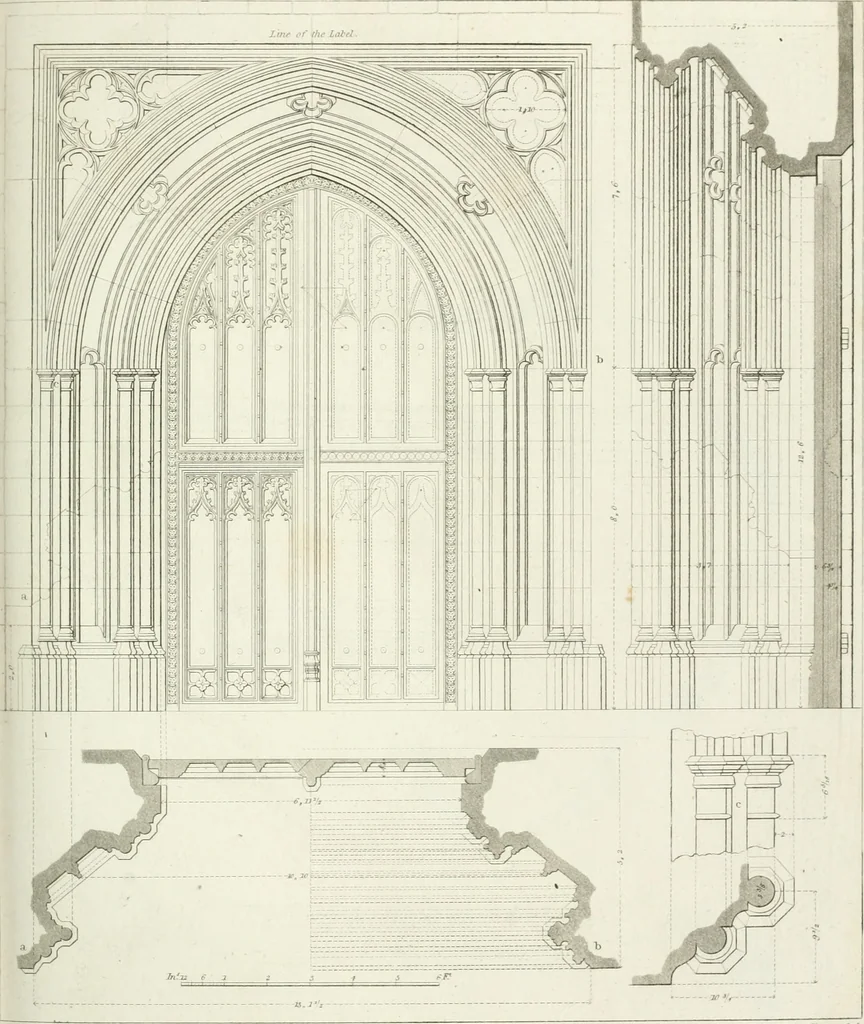 An illustration from Specimens of Gothic architecture; selected from various antient[!] edifices in England: consisting of plans, elevations, sections, and parts at large ... accompanied by historical and descriptive accounts, 1823, leaf 282