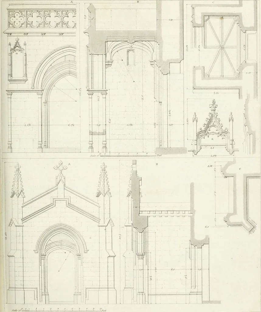 An illustration from Specimens of Gothic architecture; selected from various antient[!] edifices in England: consisting of plans, elevations, sections, and parts at large ... accompanied by historical and descriptive accounts, 1823, leaf 286