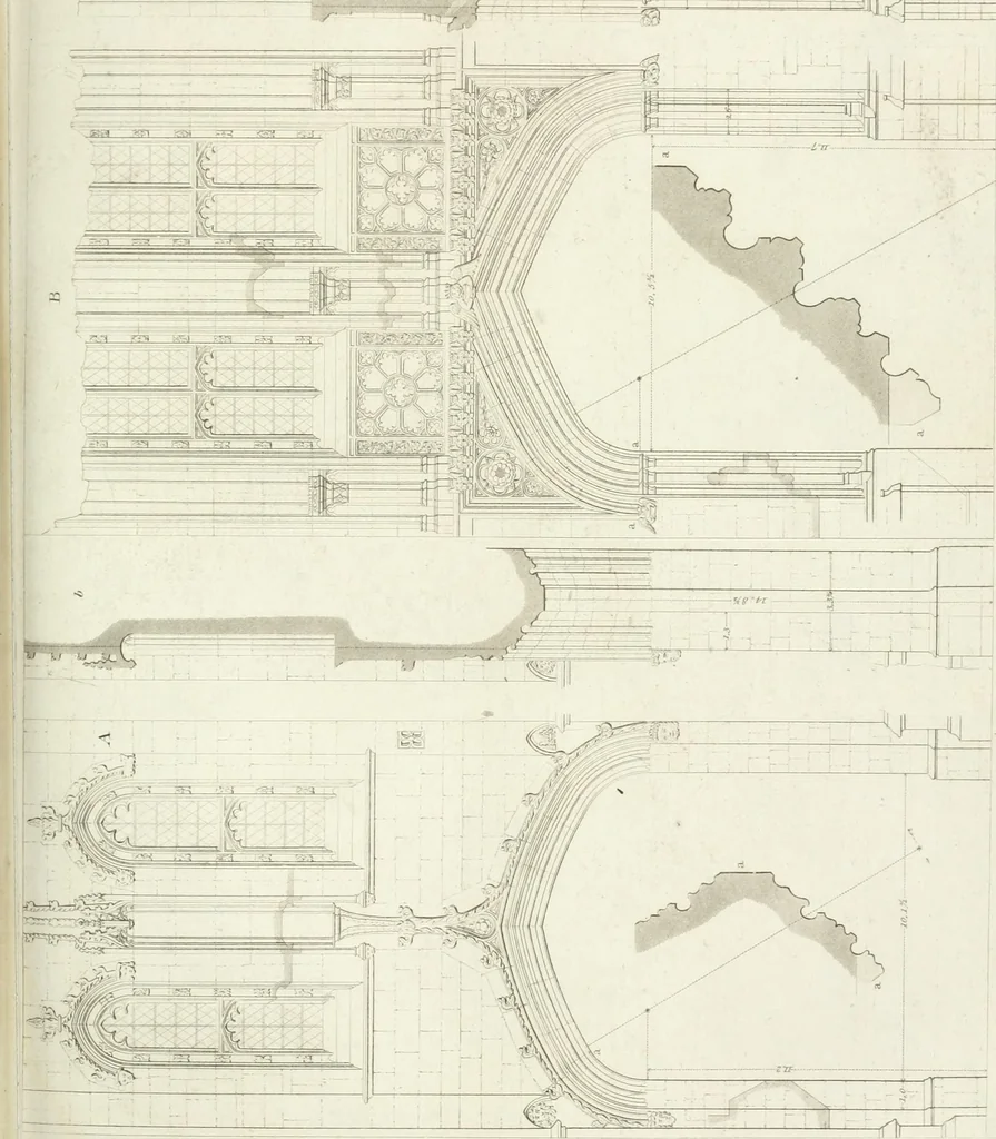 An illustration from Specimens of Gothic architecture; selected from various antient[!] edifices in England: consisting of plans, elevations, sections, and parts at large ... accompanied by historical and descriptive accounts, 1823, leaf 288