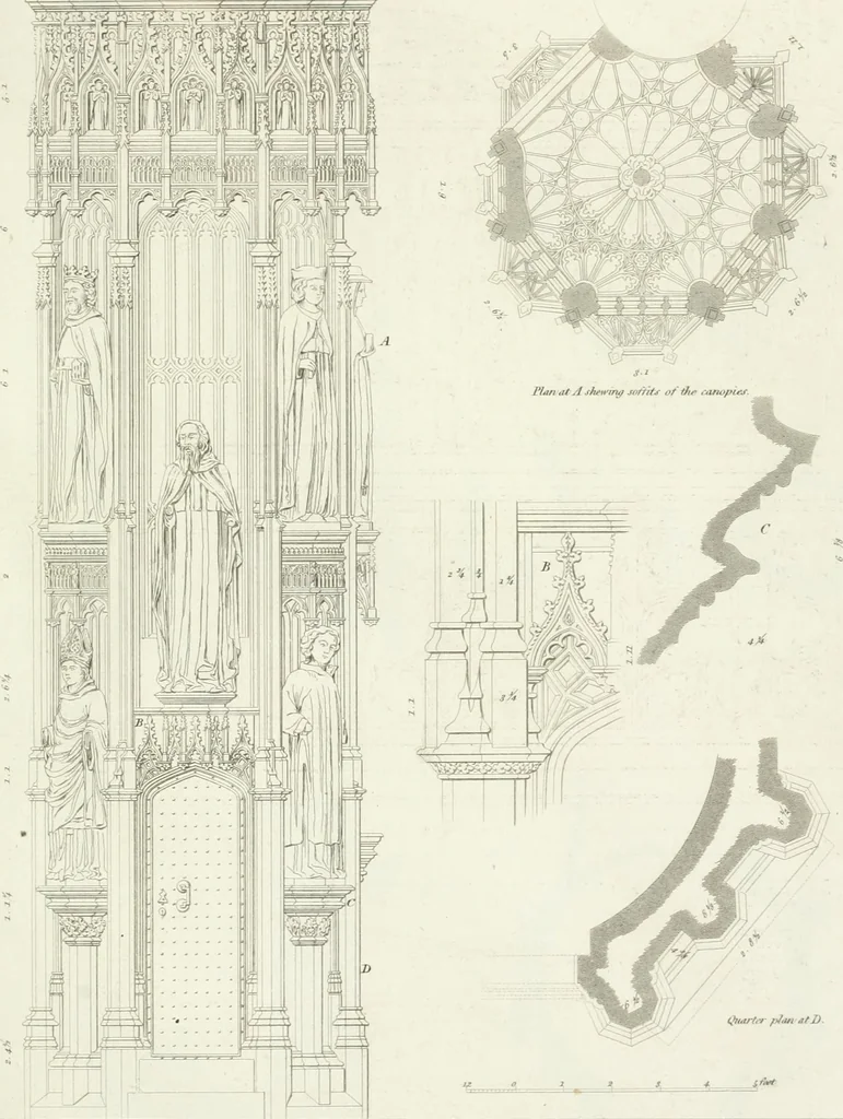 An illustration from Specimens of Gothic architecture; selected from various antient[!] edifices in England: consisting of plans, elevations, sections, and parts at large ... accompanied by historical and descriptive accounts, 1823, leaf 312