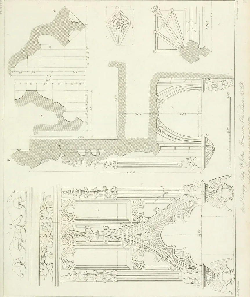 An illustration from Specimens of Gothic architecture; selected from various antient[!] edifices in England: consisting of plans, elevations, sections, and parts at large ... accompanied by historical and descriptive accounts, 1823, leaf 316