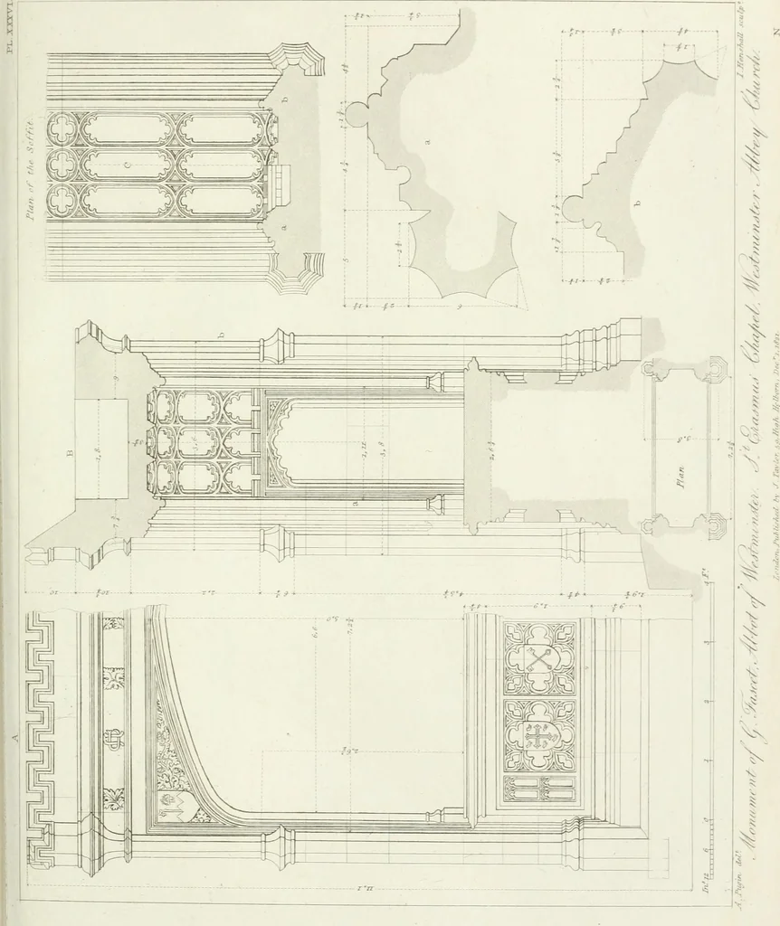 An illustration from Specimens of Gothic architecture; selected from various antient[!] edifices in England: consisting of plans, elevations, sections, and parts at large ... accompanied by historical and descriptive accounts, 1823, leaf 318