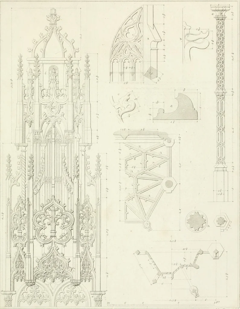 An illustration from Specimens of Gothic architecture; selected from various antient[!] edifices in England: consisting of plans, elevations, sections, and parts at large ... accompanied by historical and descriptive accounts, 1823, leaf 328