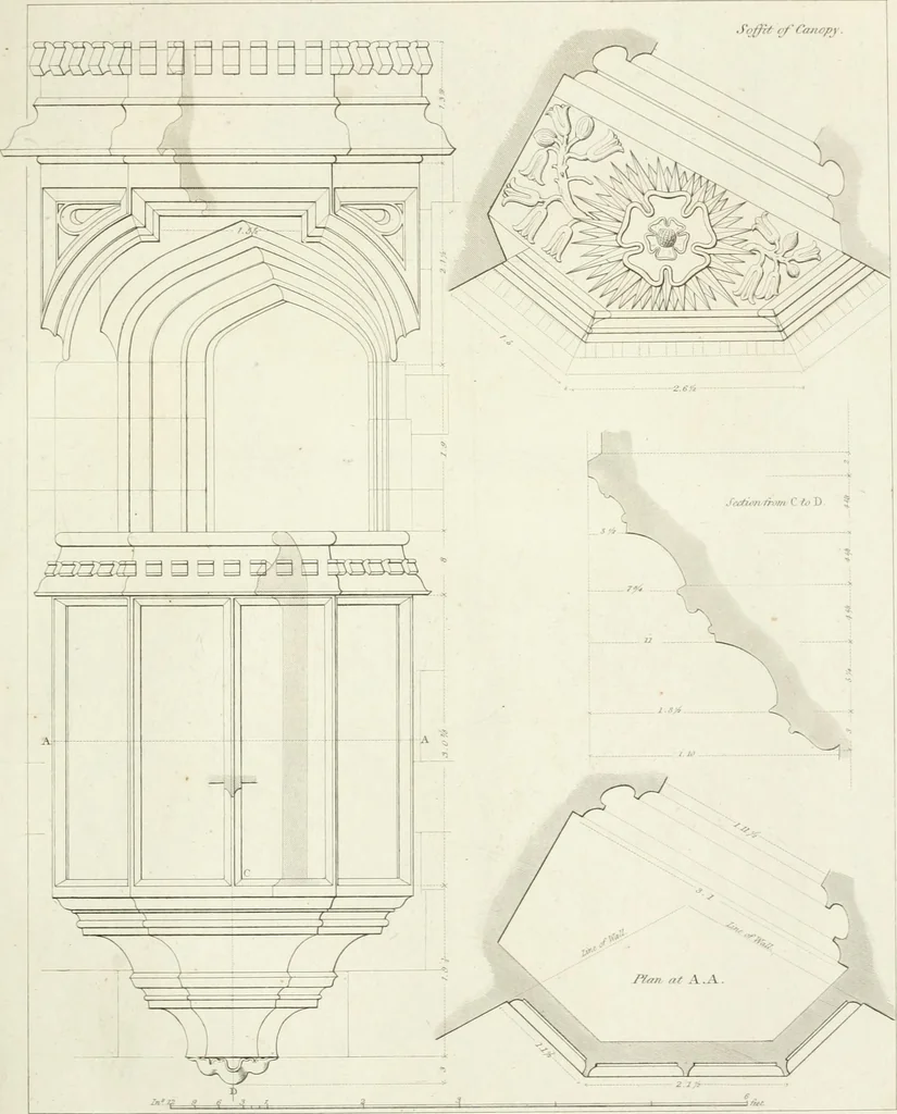 An illustration from Specimens of Gothic architecture; selected from various antient[!] edifices in England: consisting of plans, elevations, sections, and parts at large ... accompanied by historical and descriptive accounts, 1823, leaf 332