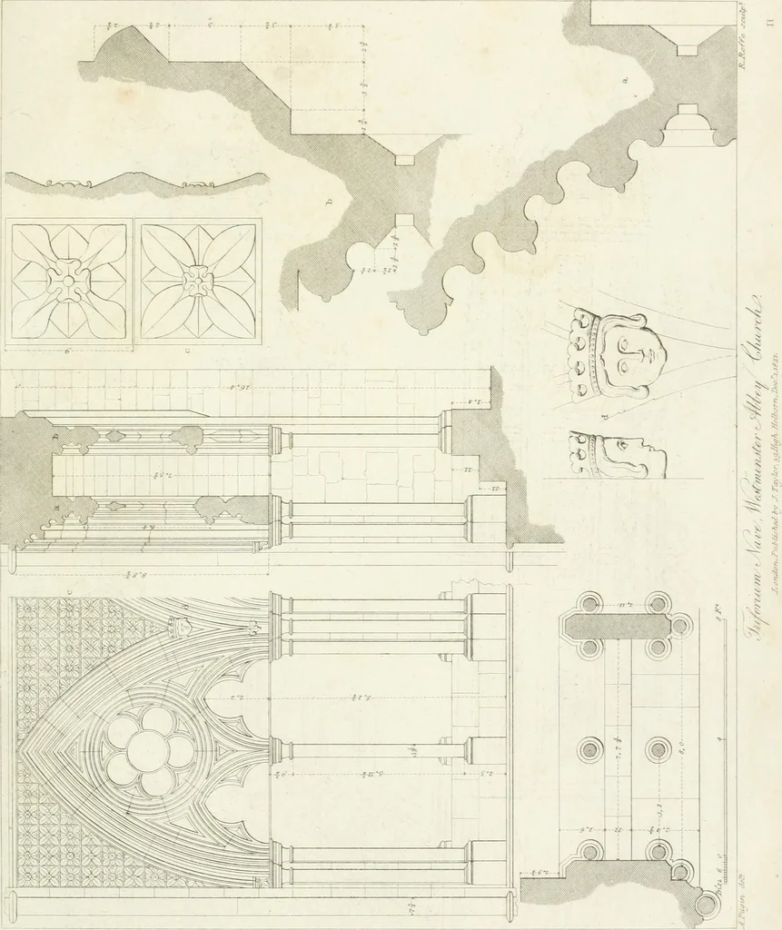 An illustration from Specimens of Gothic architecture; selected from various antient[!] edifices in England: consisting of plans, elevations, sections, and parts at large ... accompanied by historical and descriptive accounts, 1823, leaf 336