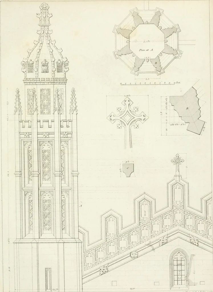 An illustration from Specimens of Gothic architecture; selected from various antient[!] edifices in England: consisting of plans, elevations, sections, and parts at large ... accompanied by historical and descriptive accounts, 1823, leaf 338