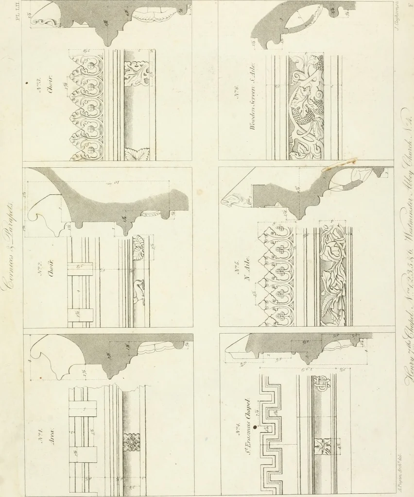 An illustration from Specimens of Gothic architecture; selected from various antient[!] edifices in England: consisting of plans, elevations, sections, and parts at large ... accompanied by historical and descriptive accounts, 1823, leaf 350