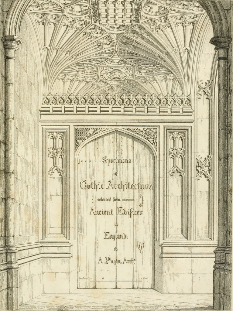 An illustration from Specimens of Gothic architecture; selected from various antient[!] edifices in England: consisting of plans, elevations, sections, and parts at large ... accompanied by historical and descriptive accounts, 1823, leaf 6