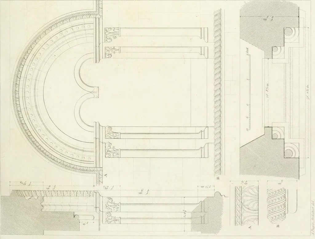 An illustration from Specimens of Gothic architecture; selected from various antient[!] edifices in England: consisting of plans, elevations, sections, and parts at large ... accompanied by historical and descriptive accounts, 1823, leaf 74