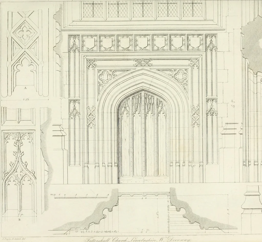 An illustration from Specimens of Gothic architecture; selected from various antient[!] edifices in England: consisting of plans, elevations, sections, and parts at large ... accompanied by historical and descriptive accounts, 1823, leaf 90