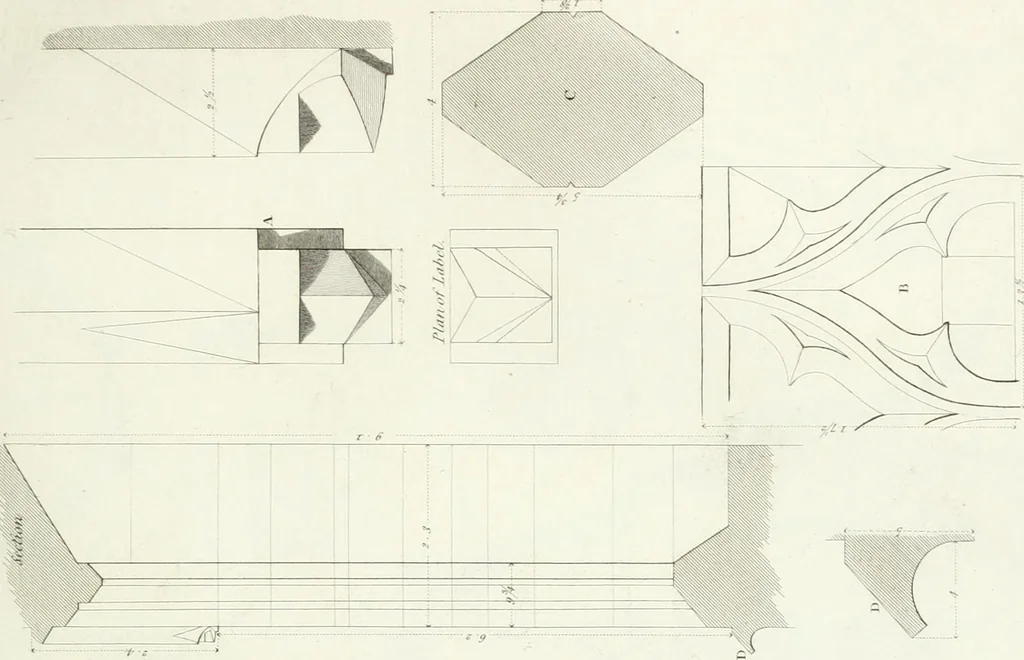 An illustration from Specimens of Gothic architecture; selected from various antient[!] edifices in England: consisting of plans, elevations, sections, and parts at large ... accompanied by historical and descriptive accounts, 1823, leaf 96