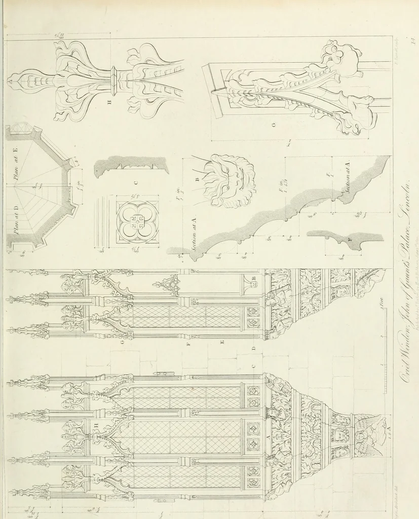 An illustration from Specimens of Gothic architecture; selected from various antient[!] edifices in England: consisting of plans, elevations, sections, and parts at large ... accompanied by historical and descriptive accounts, 1823, leaf 98
