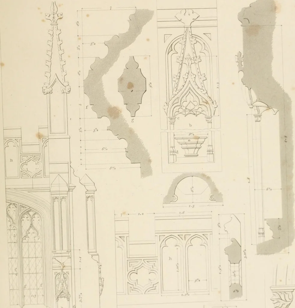 An illustration from Specimens of Gothic architecture; selected from various ancient edifices in England: consisting of plans, elevations, sections, and parts at large .., 1825, leaf 130