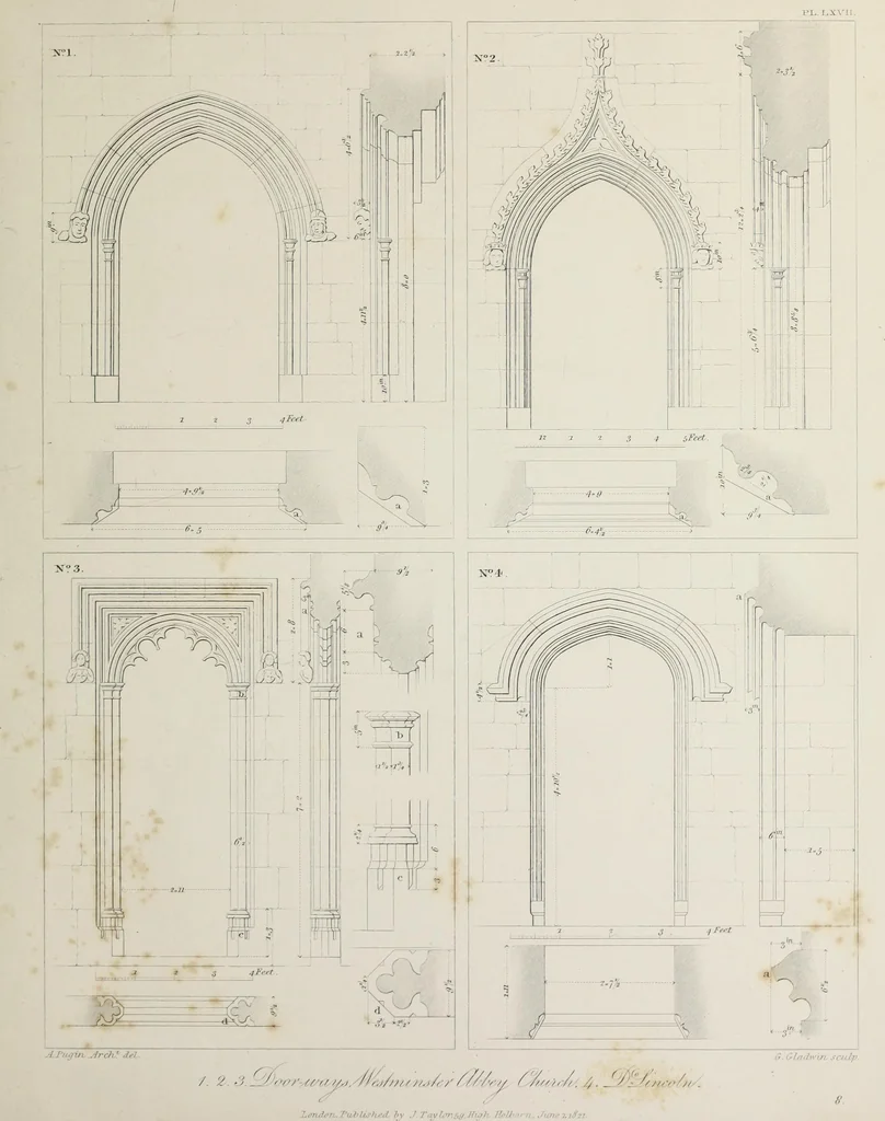 An illustration from Specimens of Gothic architecture : selected from various ancient edifices in England : consisting of plans, elevations, sections, and parts at large, calculated to exemplify the various styles, and the practical construction of this admired class of architecture, 1825, leaf 102