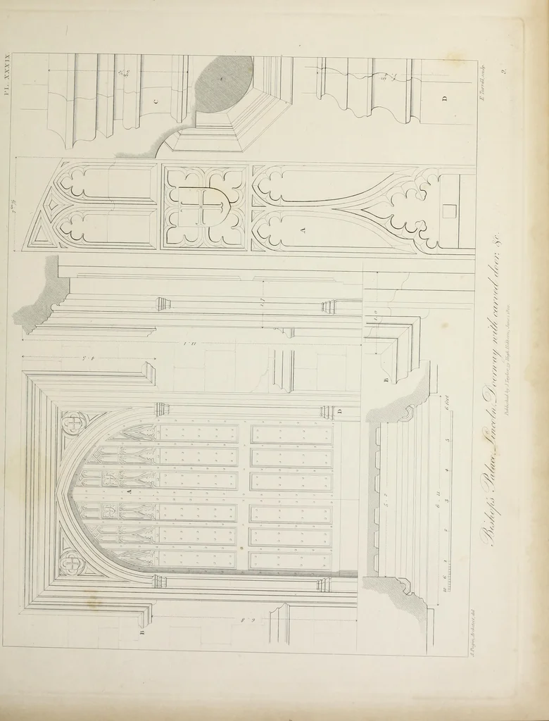 An illustration from Specimens of Gothic architecture : selected from various ancient edifices in England : consisting of plans, elevations, sections, and parts at large, calculated to exemplify the various styles, and the practical construction of this admired class of architecture, 1825, leaf 106