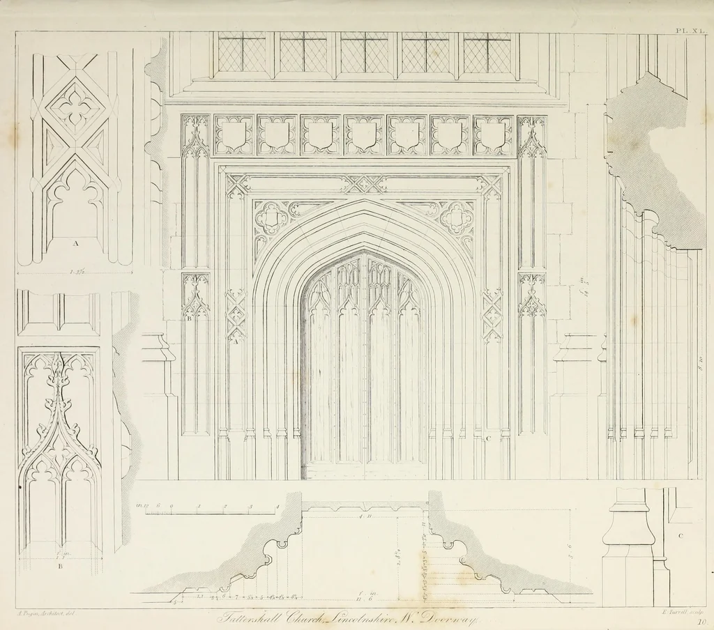 An illustration from Specimens of Gothic architecture : selected from various ancient edifices in England : consisting of plans, elevations, sections, and parts at large, calculated to exemplify the various styles, and the practical construction of this admired class of architecture, 1825, leaf 110