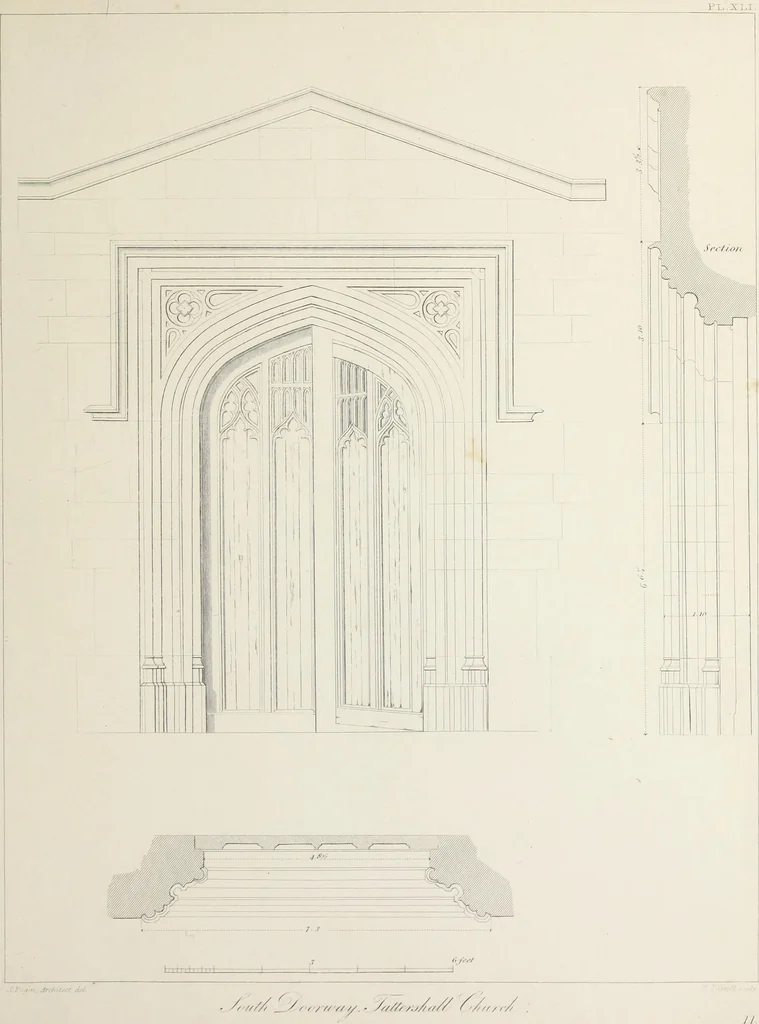 An illustration from Specimens of Gothic architecture : selected from various ancient edifices in England : consisting of plans, elevations, sections, and parts at large, calculated to exemplify the various styles, and the practical construction of this admired class of architecture, 1825, leaf 114