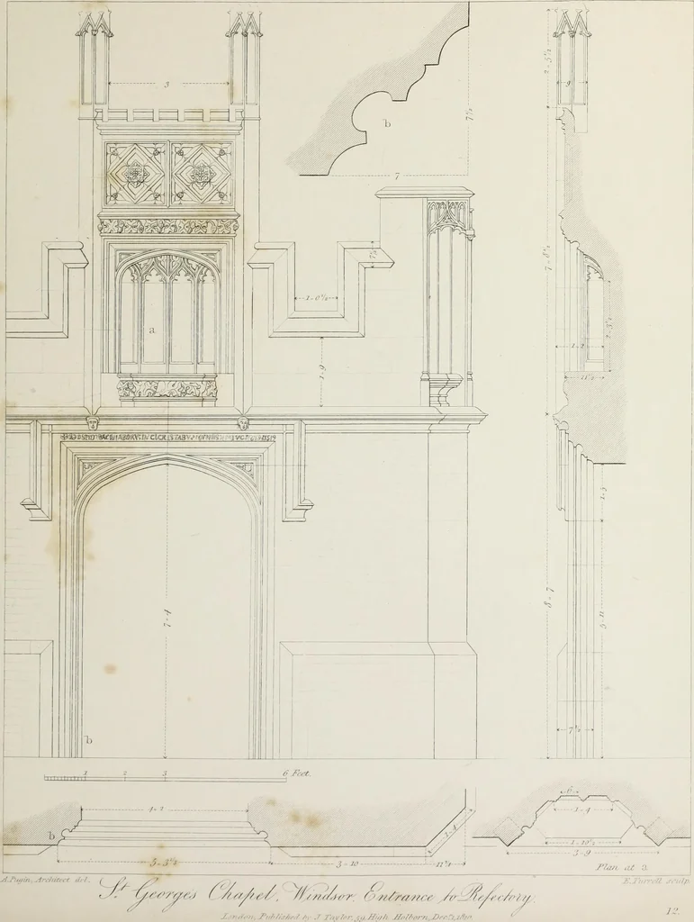 An illustration from Specimens of Gothic architecture : selected from various ancient edifices in England : consisting of plans, elevations, sections, and parts at large, calculated to exemplify the various styles, and the practical construction of this admired class of architecture, 1825, leaf 118