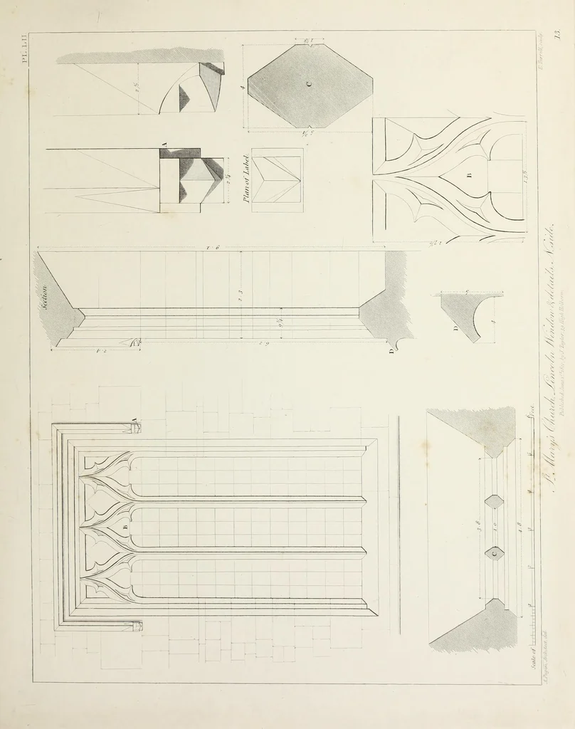 An illustration from Specimens of Gothic architecture : selected from various ancient edifices in England : consisting of plans, elevations, sections, and parts at large, calculated to exemplify the various styles, and the practical construction of this admired class of architecture, 1825, leaf 122
