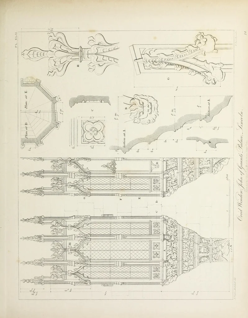 An illustration from Specimens of Gothic architecture : selected from various ancient edifices in England : consisting of plans, elevations, sections, and parts at large, calculated to exemplify the various styles, and the practical construction of this admired class of architecture, 1825, leaf 126