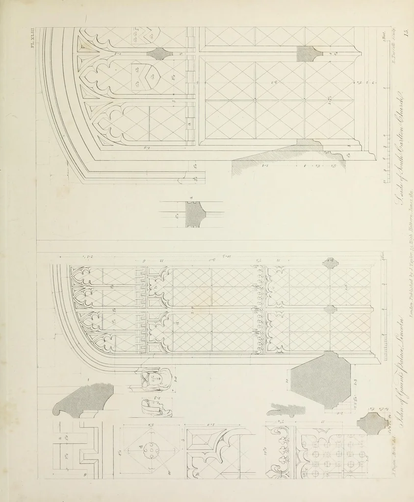 An illustration from Specimens of Gothic architecture : selected from various ancient edifices in England : consisting of plans, elevations, sections, and parts at large, calculated to exemplify the various styles, and the practical construction of this admired class of architecture, 1825, leaf 130