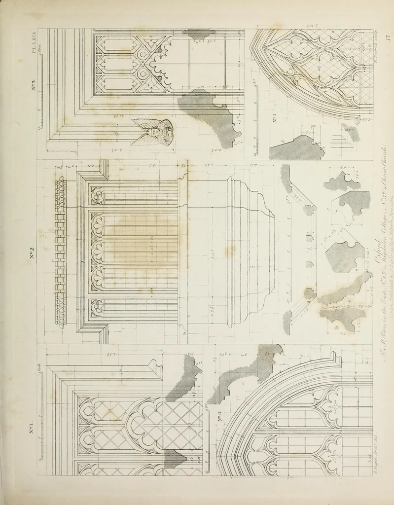 An illustration from Specimens of Gothic architecture : selected from various ancient edifices in England : consisting of plans, elevations, sections, and parts at large, calculated to exemplify the various styles, and the practical construction of this admired class of architecture, 1825, leaf 138