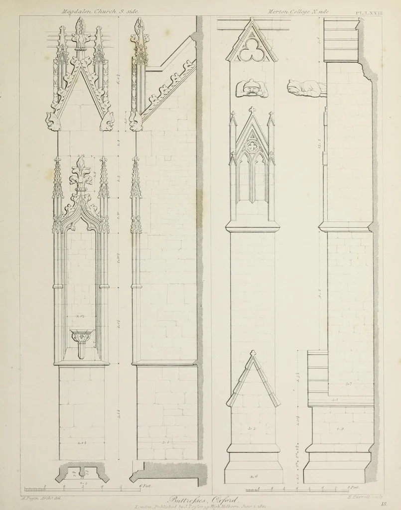 An illustration from Specimens of Gothic architecture : selected from various ancient edifices in England : consisting of plans, elevations, sections, and parts at large, calculated to exemplify the various styles, and the practical construction of this admired class of architecture, 1825, leaf 142
