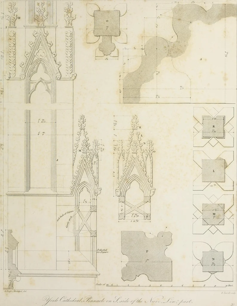 An illustration from Specimens of Gothic architecture : selected from various ancient edifices in England : consisting of plans, elevations, sections, and parts at large, calculated to exemplify the various styles, and the practical construction of this admired class of architecture, 1825, leaf 150