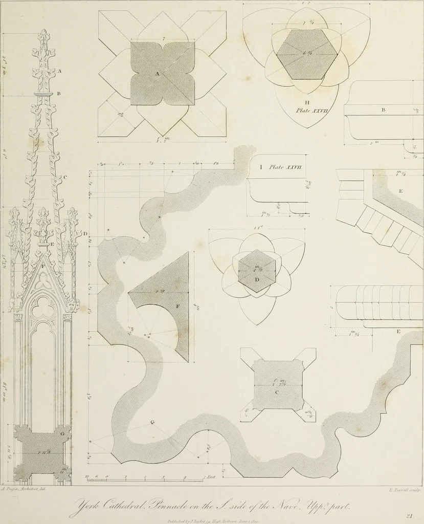 An illustration from Specimens of Gothic architecture : selected from various ancient edifices in England : consisting of plans, elevations, sections, and parts at large, calculated to exemplify the various styles, and the practical construction of this admired class of architecture, 1825, leaf 154