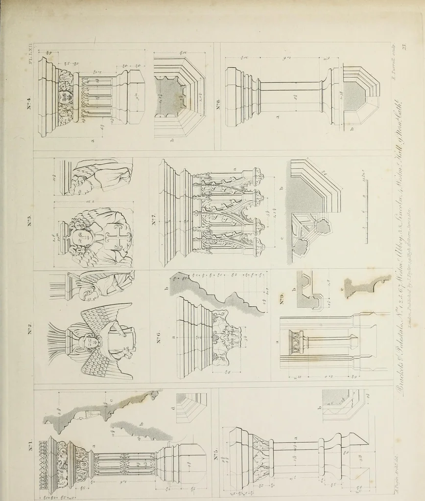 An illustration from Specimens of Gothic architecture : selected from various ancient edifices in England : consisting of plans, elevations, sections, and parts at large, calculated to exemplify the various styles, and the practical construction of this admired class of architecture, 1825, leaf 162