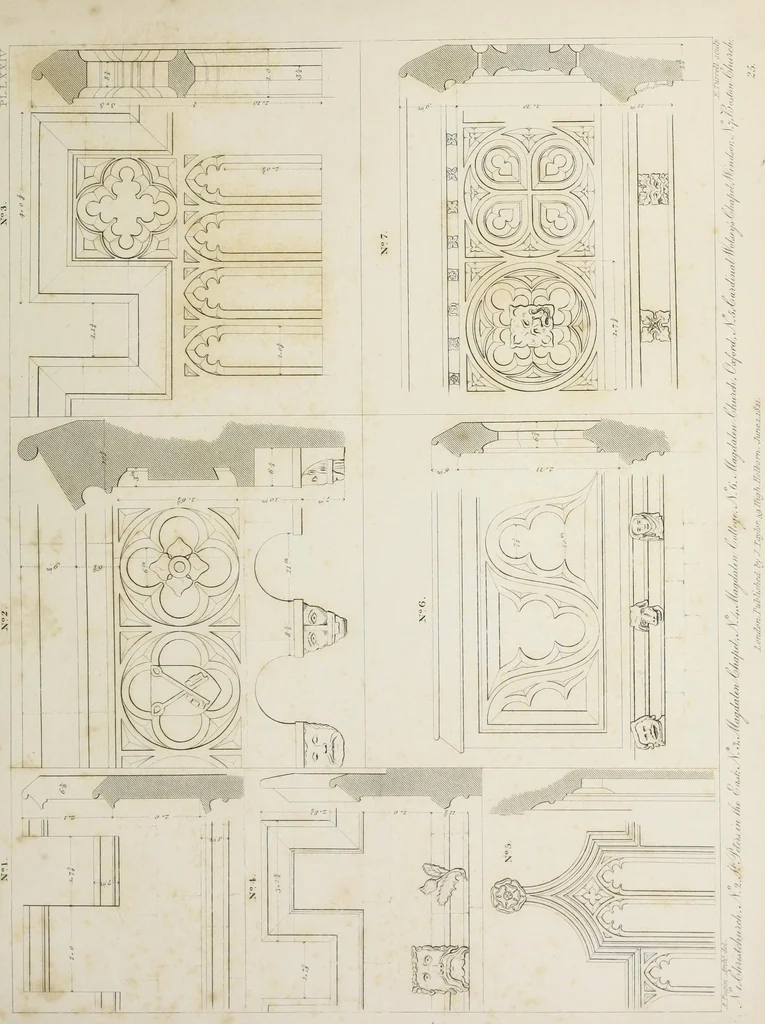 An illustration from Specimens of Gothic architecture : selected from various ancient edifices in England : consisting of plans, elevations, sections, and parts at large, calculated to exemplify the various styles, and the practical construction of this admired class of architecture, 1825, leaf 170