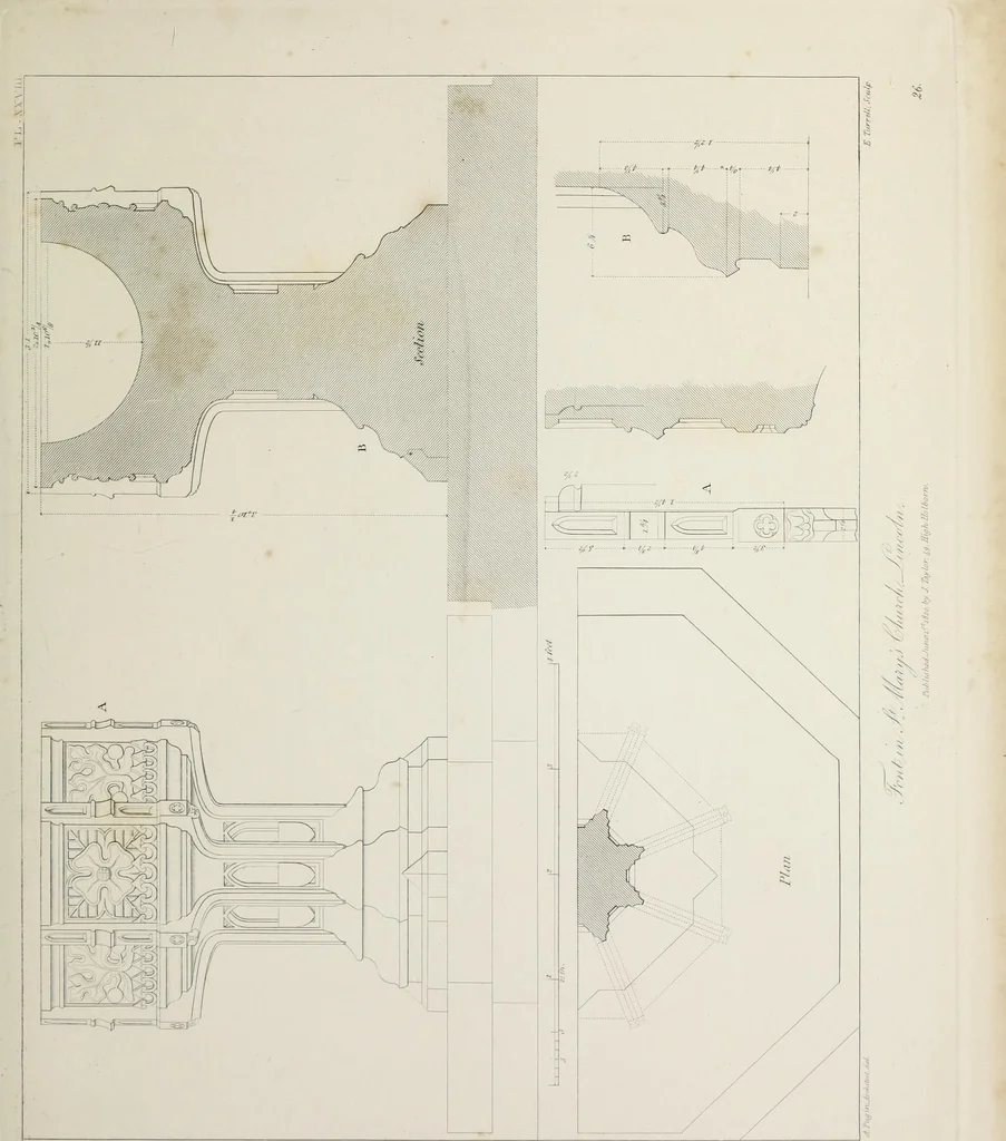 An illustration from Specimens of Gothic architecture : selected from various ancient edifices in England : consisting of plans, elevations, sections, and parts at large, calculated to exemplify the various styles, and the practical construction of this admired class of architecture, 1825, leaf 174
