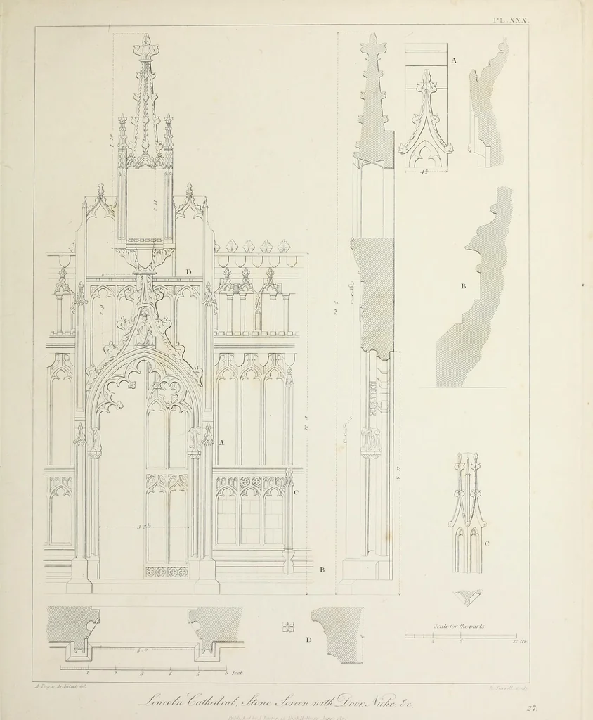 An illustration from Specimens of Gothic architecture : selected from various ancient edifices in England : consisting of plans, elevations, sections, and parts at large, calculated to exemplify the various styles, and the practical construction of this admired class of architecture, 1825, leaf 178