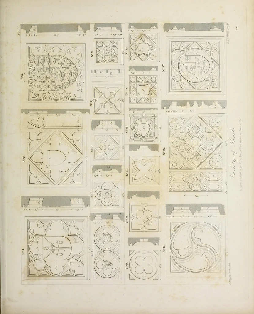 An illustration from Specimens of Gothic architecture : selected from various ancient edifices in England : consisting of plans, elevations, sections, and parts at large, calculated to exemplify the various styles, and the practical construction of this admired class of architecture, 1825, leaf 182