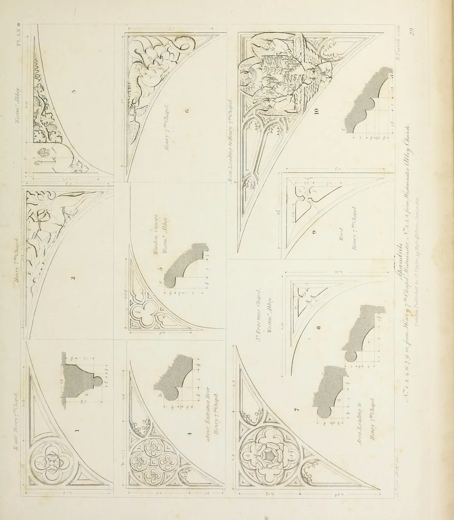 An illustration from Specimens of Gothic architecture : selected from various ancient edifices in England : consisting of plans, elevations, sections, and parts at large, calculated to exemplify the various styles, and the practical construction of this admired class of architecture, 1825, leaf 186