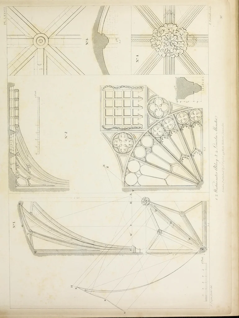 An illustration from Specimens of Gothic architecture : selected from various ancient edifices in England : consisting of plans, elevations, sections, and parts at large, calculated to exemplify the various styles, and the practical construction of this admired class of architecture, 1825, leaf 190
