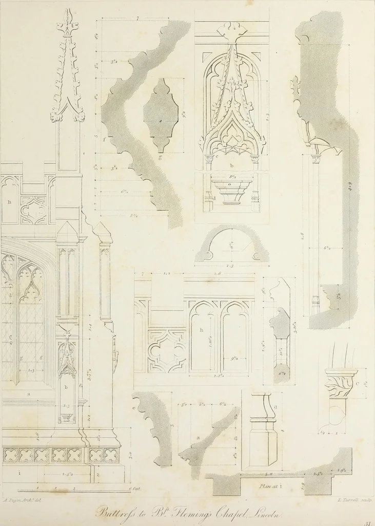 An illustration from Specimens of Gothic architecture : selected from various ancient edifices in England : consisting of plans, elevations, sections, and parts at large, calculated to exemplify the various styles, and the practical construction of this admired class of architecture, 1825, leaf 194
