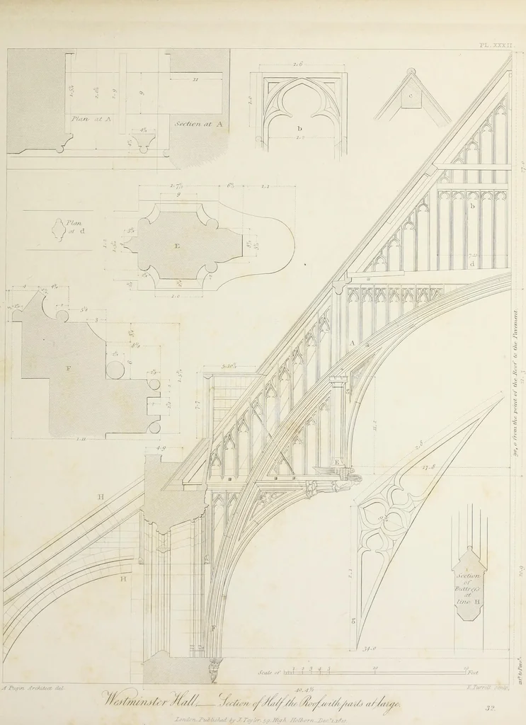 An illustration from Specimens of Gothic architecture : selected from various ancient edifices in England : consisting of plans, elevations, sections, and parts at large, calculated to exemplify the various styles, and the practical construction of this admired class of architecture, 1825, leaf 198