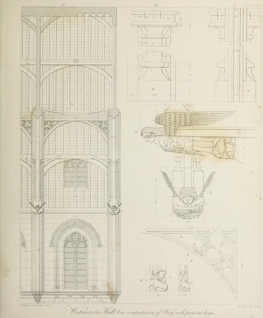 An illustration from Specimens of Gothic architecture : selected from various ancient edifices in England : consisting of plans, elevations, sections, and parts at large, calculated to exemplify the various styles, and the practical construction of this admired class of architecture, 1825, leaf 202