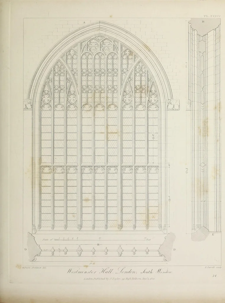 An illustration from Specimens of Gothic architecture : selected from various ancient edifices in England : consisting of plans, elevations, sections, and parts at large, calculated to exemplify the various styles, and the practical construction of this admired class of architecture, 1825, leaf 206