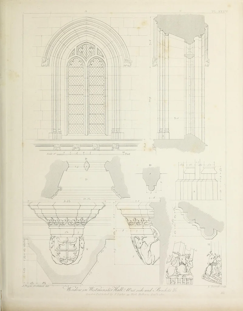 An illustration from Specimens of Gothic architecture : selected from various ancient edifices in England : consisting of plans, elevations, sections, and parts at large, calculated to exemplify the various styles, and the practical construction of this admired class of architecture, 1825, leaf 210
