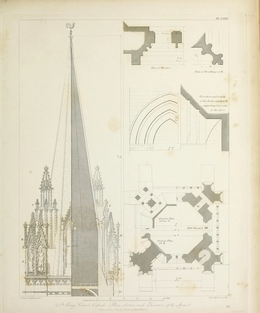 An illustration from Specimens of Gothic architecture : selected from various ancient edifices in England : consisting of plans, elevations, sections, and parts at large, calculated to exemplify the various styles, and the practical construction of this admired class of architecture, 1825, leaf 214