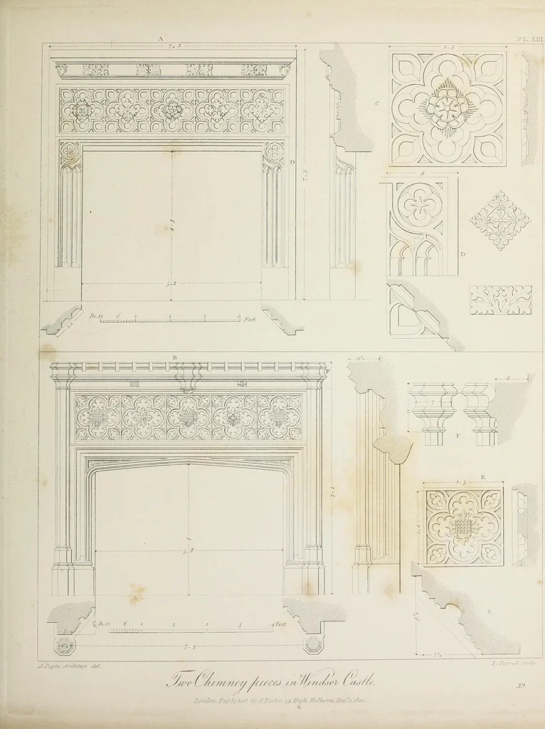 An illustration from Specimens of Gothic architecture : selected from various ancient edifices in England : consisting of plans, elevations, sections, and parts at large, calculated to exemplify the various styles, and the practical construction of this admired class of architecture, 1825, leaf 226